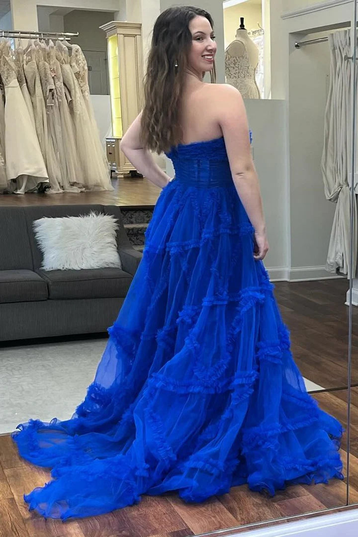 Vestido de fiesta de corte A sin tirantes, con volantes y mangas abullonadas